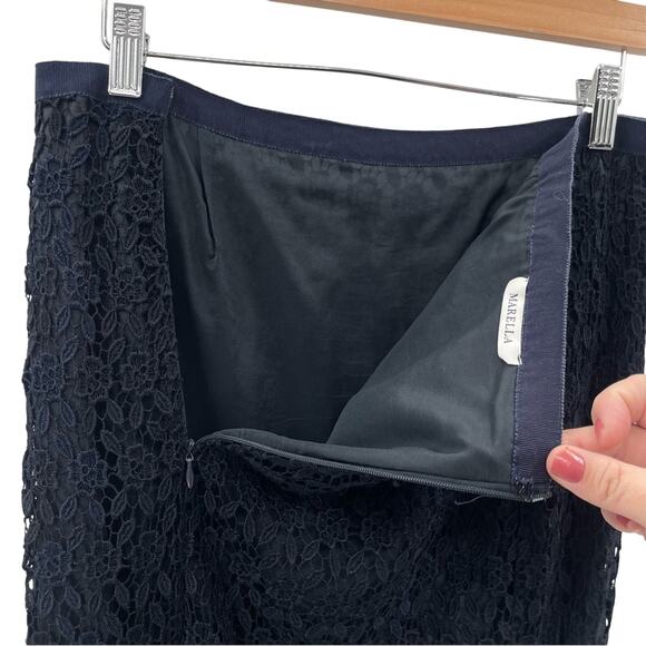 Marella Floral Lace Overlay Navy 100% Viscose Elegant Luxury Pencil Skirt Size 8 - Picture 5 of 9